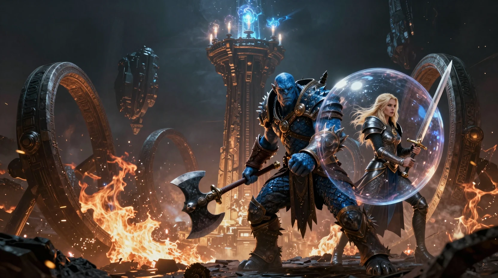 Orc warrior and knight within a glowing shield