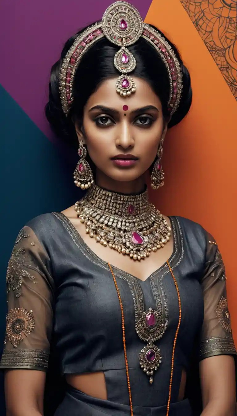 Futuristische indische Frau in lebendigem Dreiviertel-Porträt