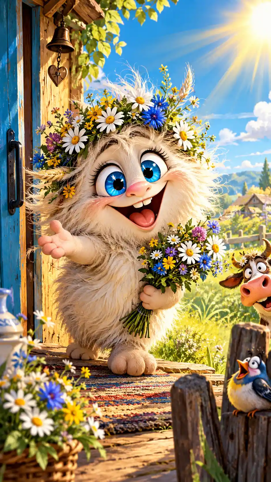 Cheerful fluffy creature waiting under warm morning sunlight