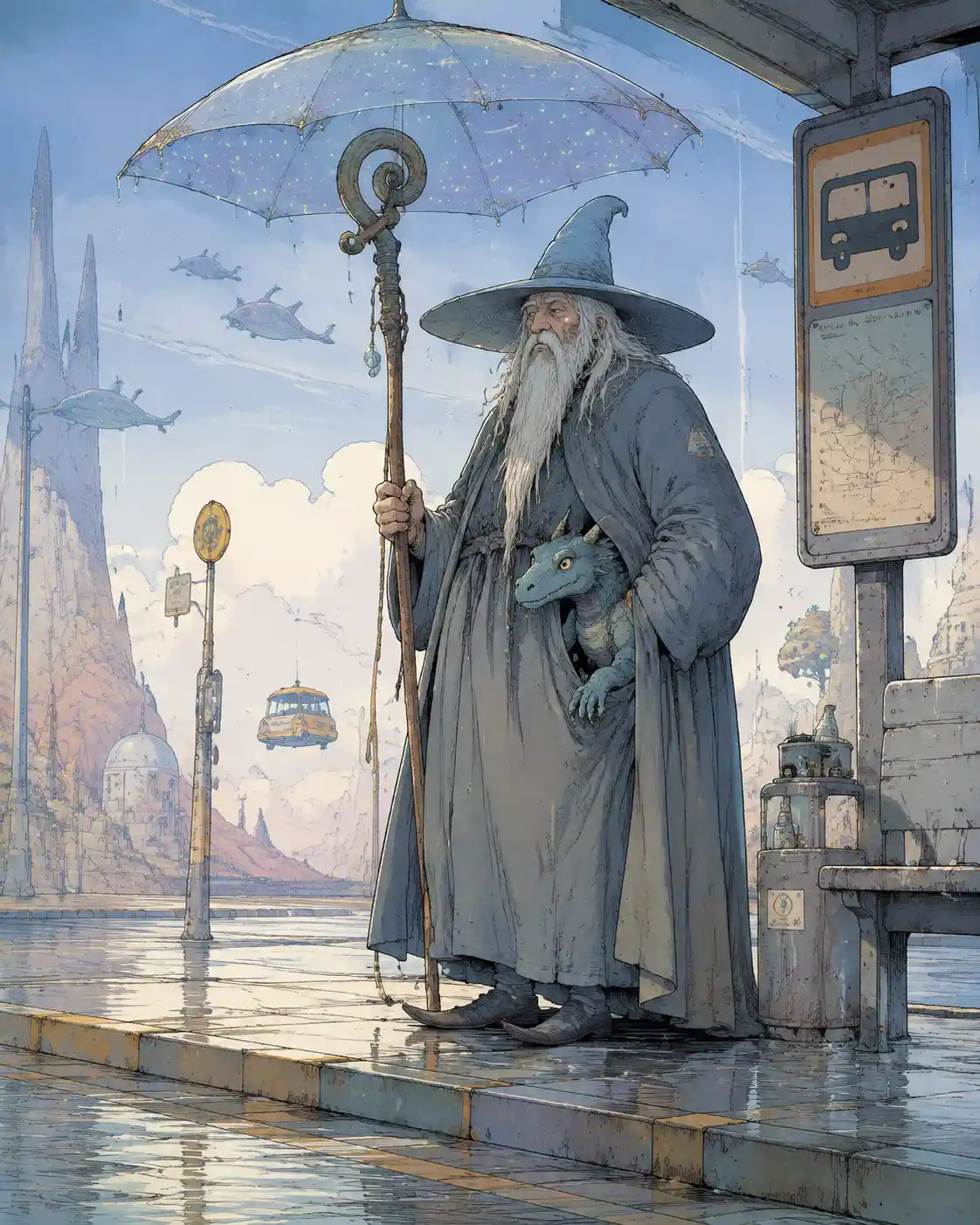 Old wizard waiting at a rainy bus stop with small dragon