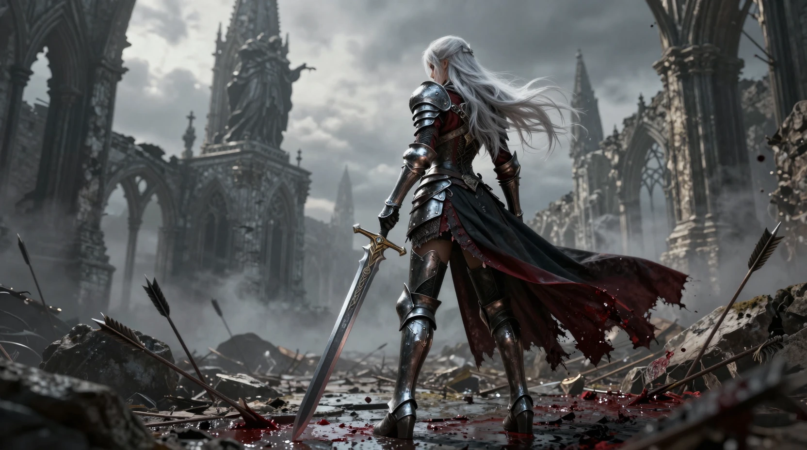 Female warrior with greatsword in ruined gothic battlefield