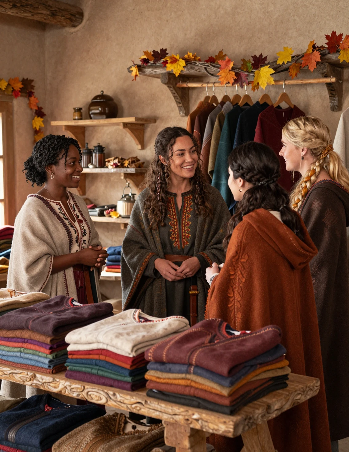 Quatro mulheres fazendo compras em uma loja rústica de roupas de fantasia