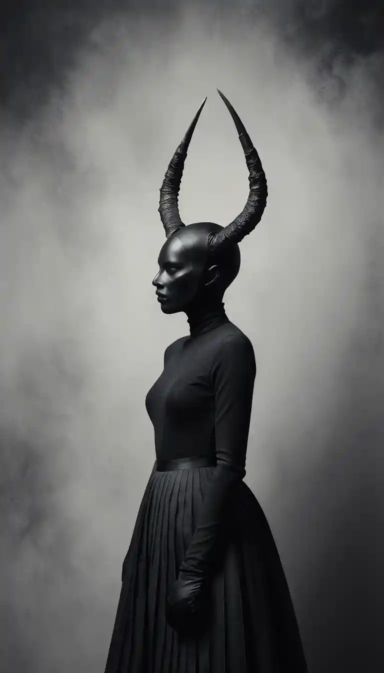 Surreal masked figure with branching horns and black bird