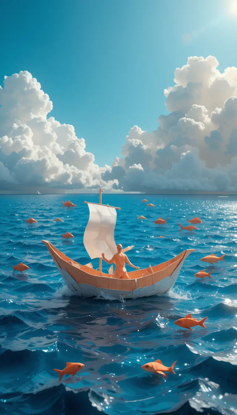 Barco de papel origami navegando en un océano azul y cristalino