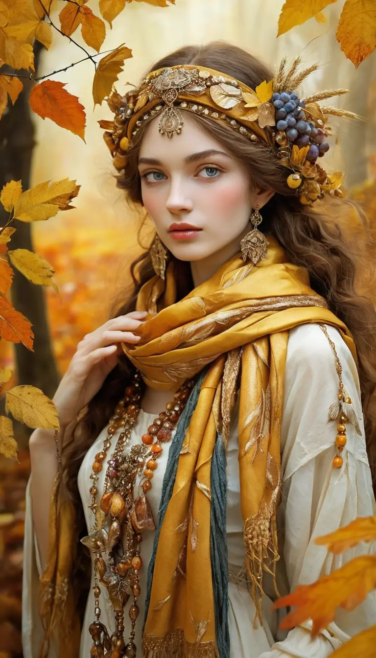 Autumn woman with a golden magical scarf of nature symbols