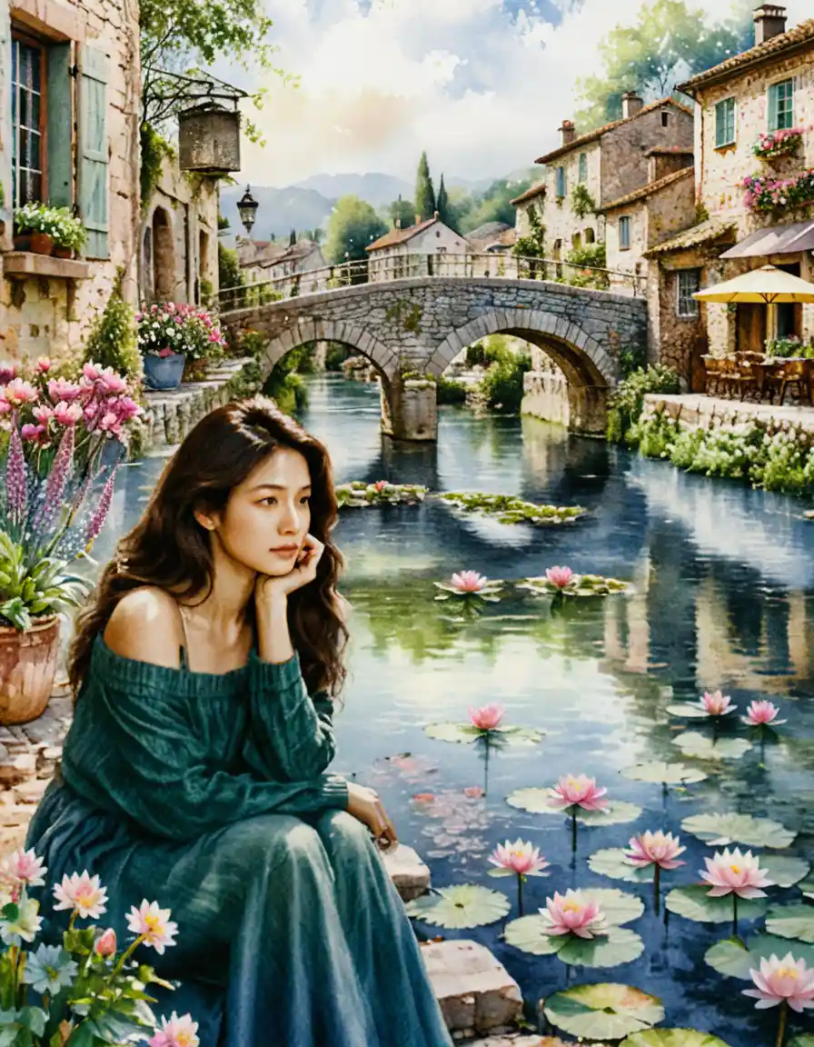 Mujer sentada junto al río en tranquila aldea europea
