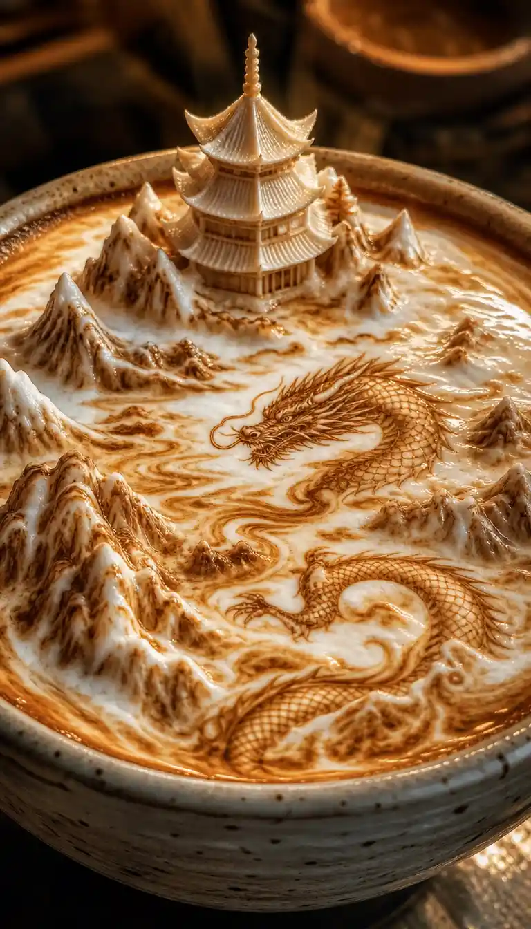 Macro view of intricate latte art pagoda and dragon