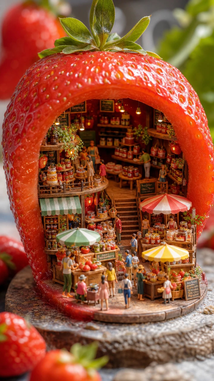 Miniature food market inside a giant ripe strawberry