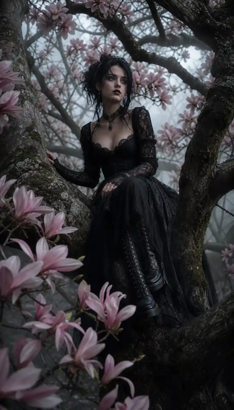 Goth girl resting in the branches of a blooming magnolia tree