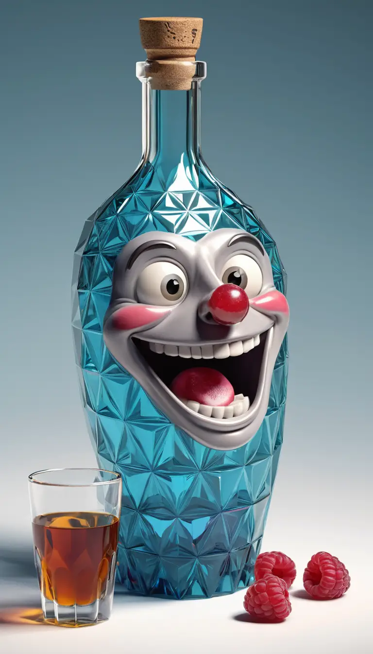 Divertido personaje de botella de licor sosteniendo un vaso de chupito en primer plano