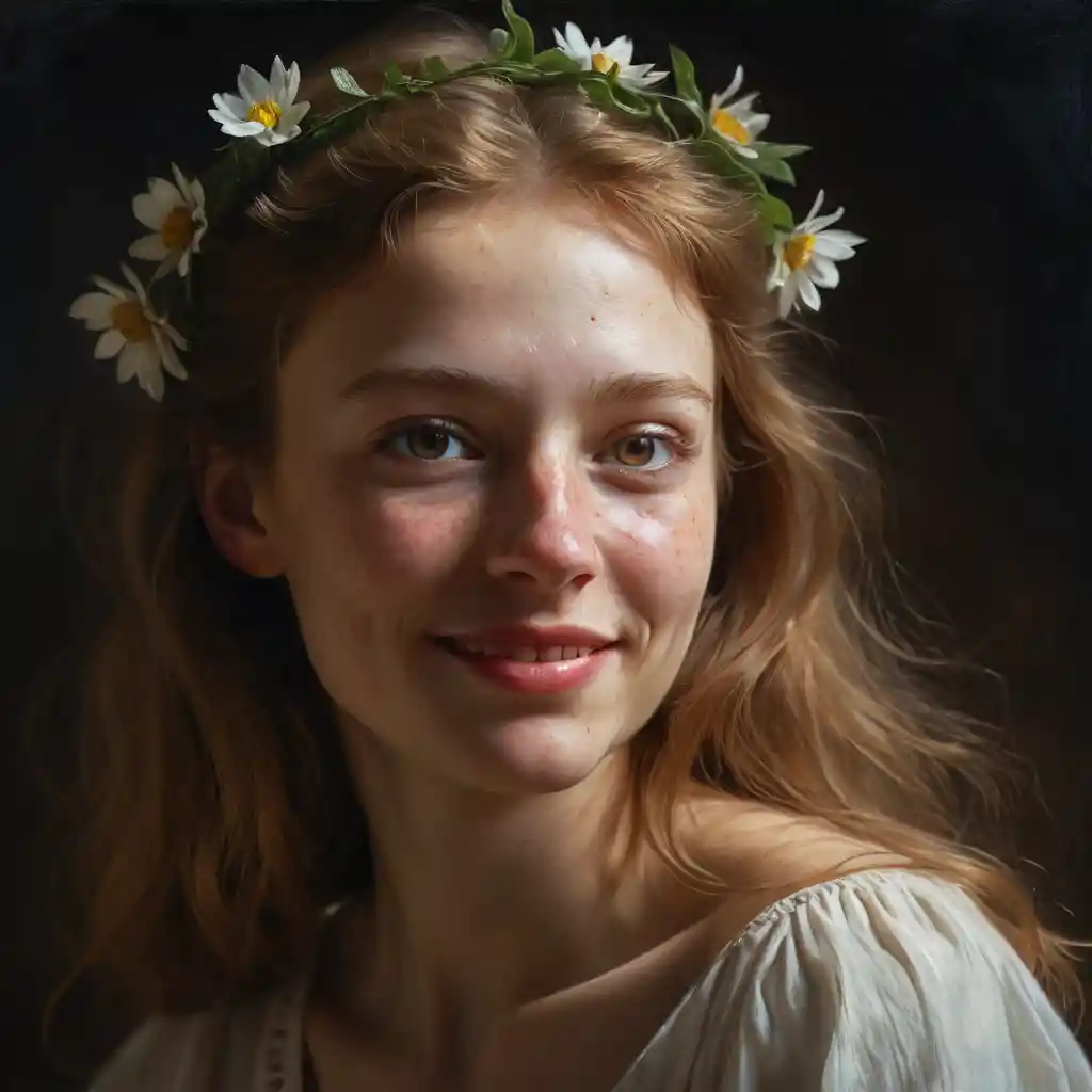 Retrato en claroscuro de una mujer sonriente con ojos rojos