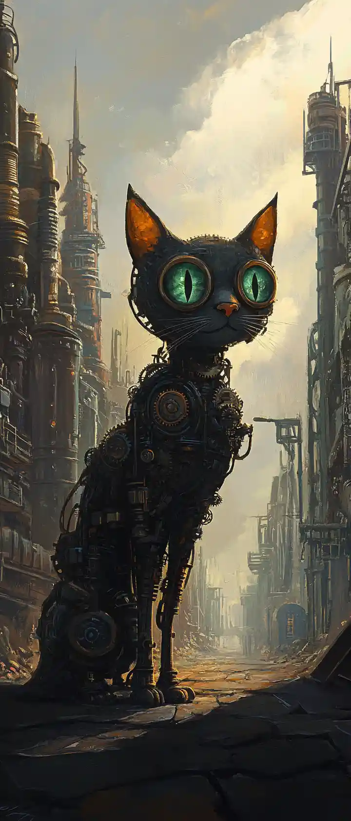 Clockwork cat roaming a deserted steampunk city at dusk