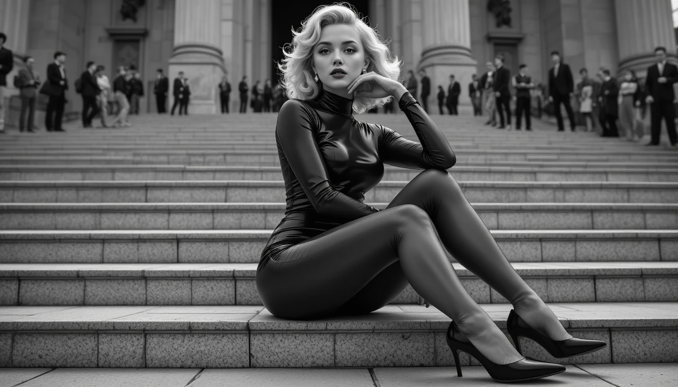 Elegant woman in latex dress seated on city steps