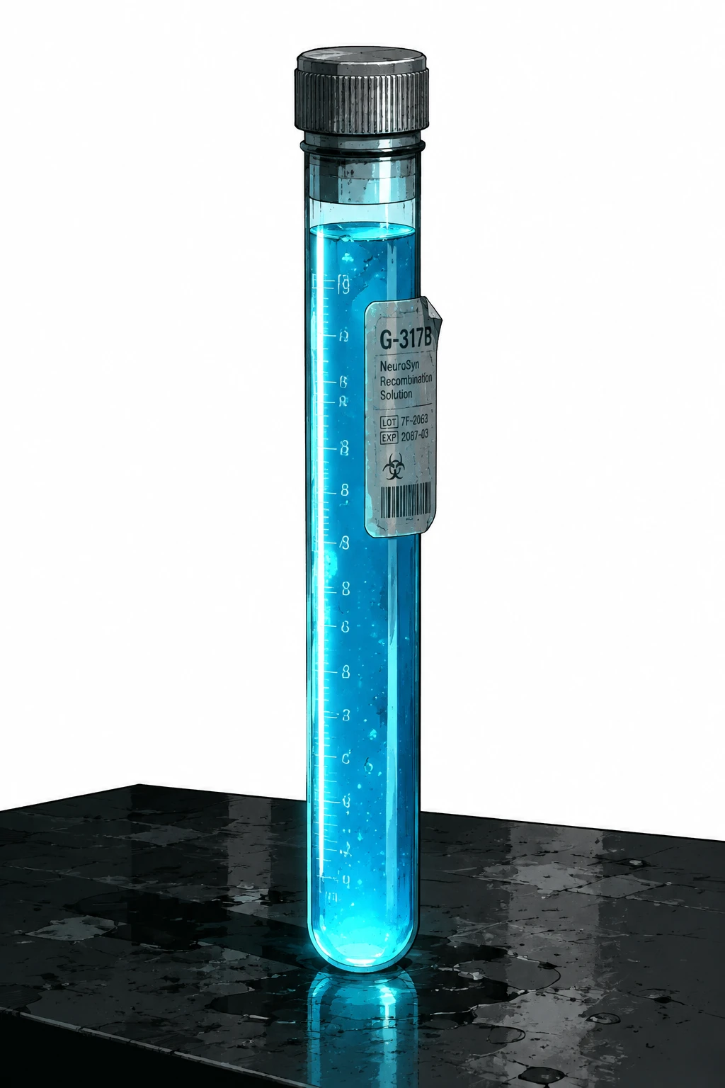 Glowing Blue Test Tube On Dusty Dark Lab Table