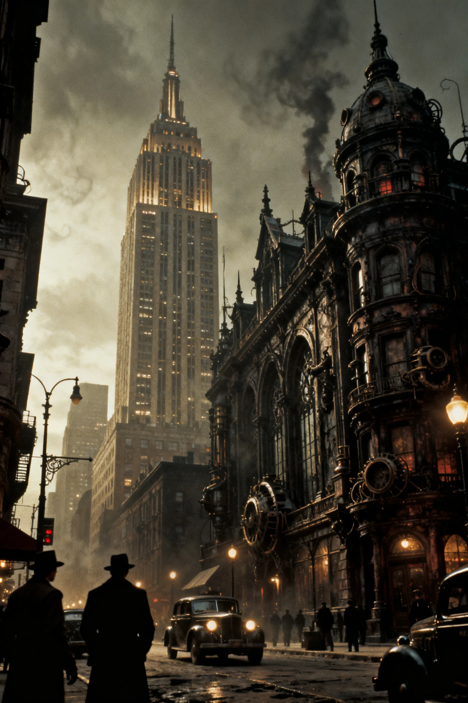 Dark steampunk New York street with gothic skyscrapers