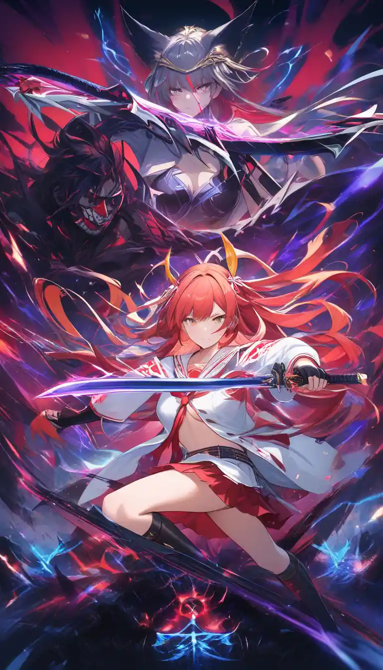 Anime schoolgirl samurai attacking demons in a dark realm