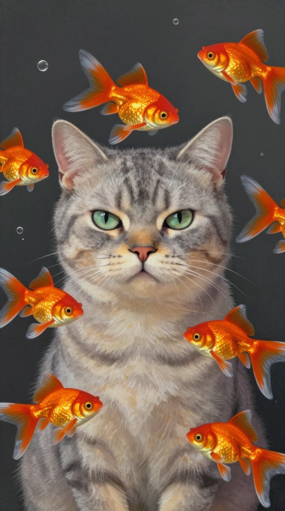 Chat Tigré Gris Renfrogné avec Poissons Rouges en Portrait à la Gouache