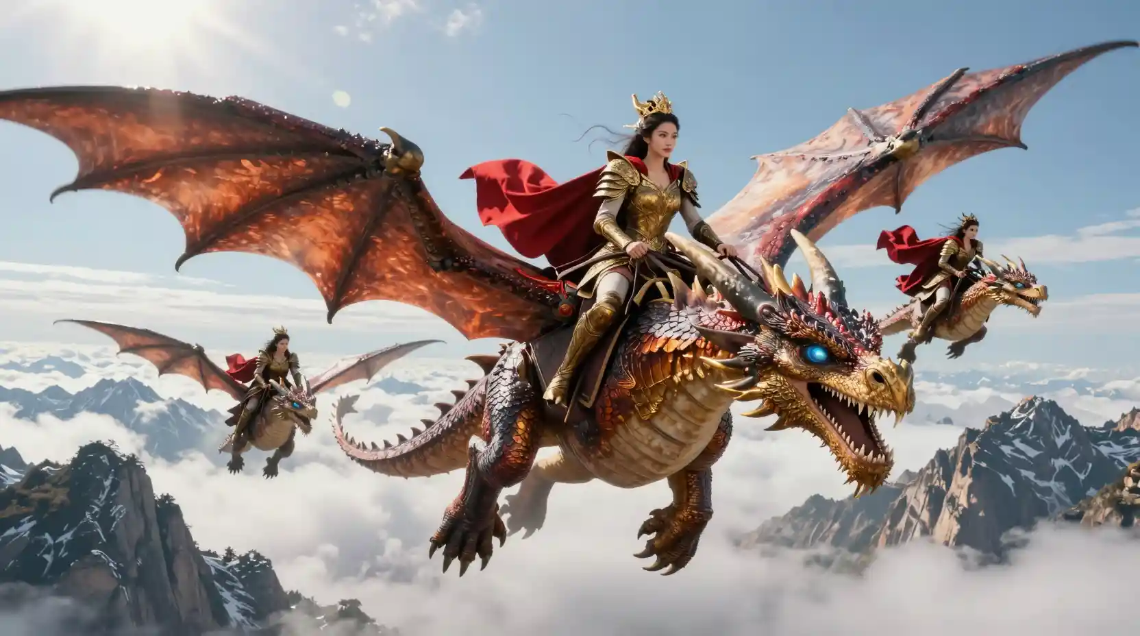 ドラマチックな山々の上でドラゴンに乗る女王戦士