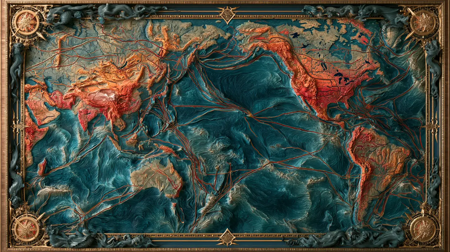 Colorful 3D nautical chart of ancient Pacific shipping lanes