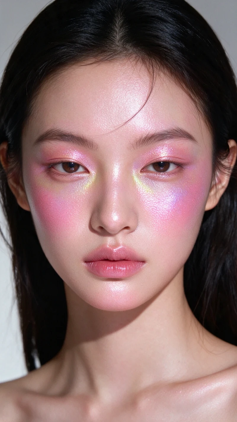 Primer plano de mujer con maquillaje beauty iridiscente en rosa y lila