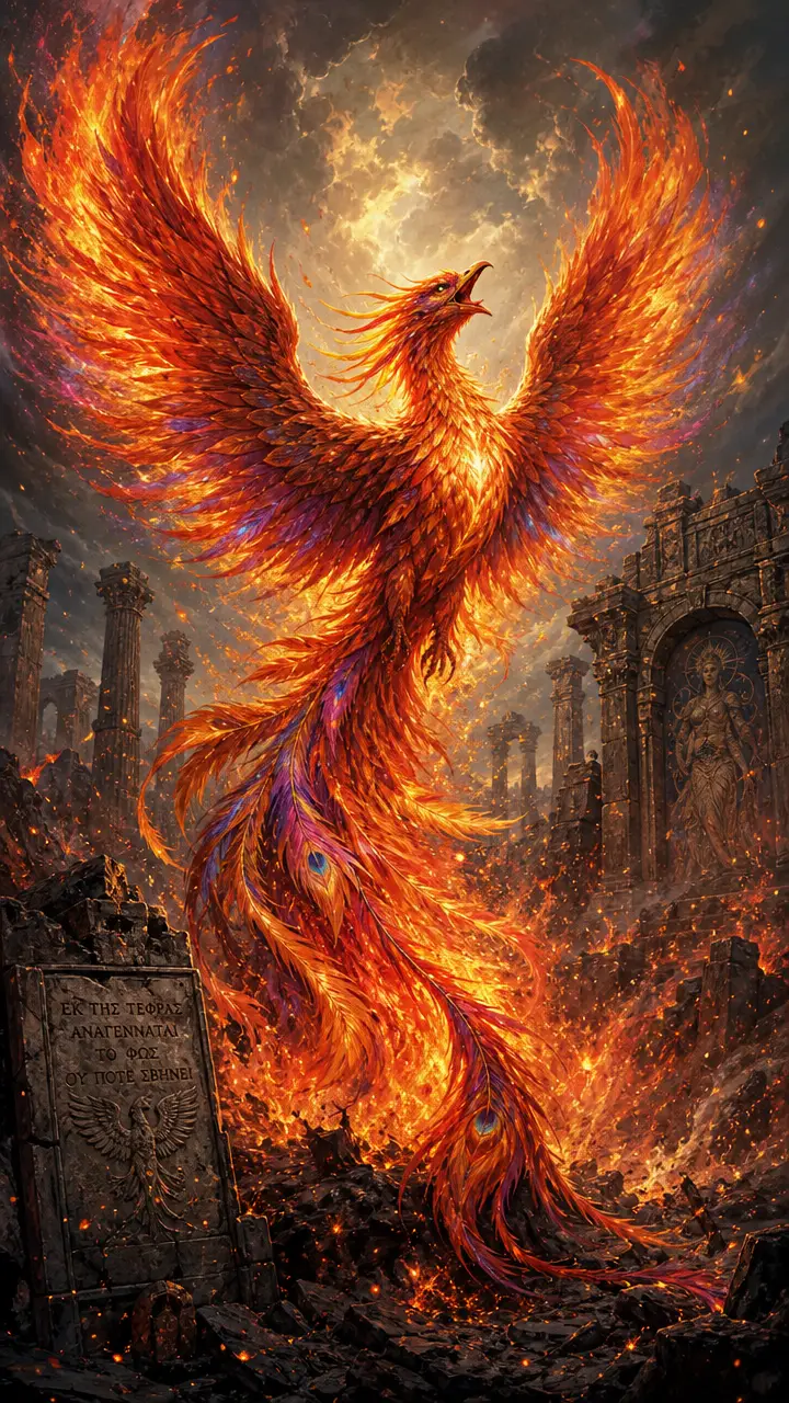 Majestic phoenix reborn in flames above ancient ruins