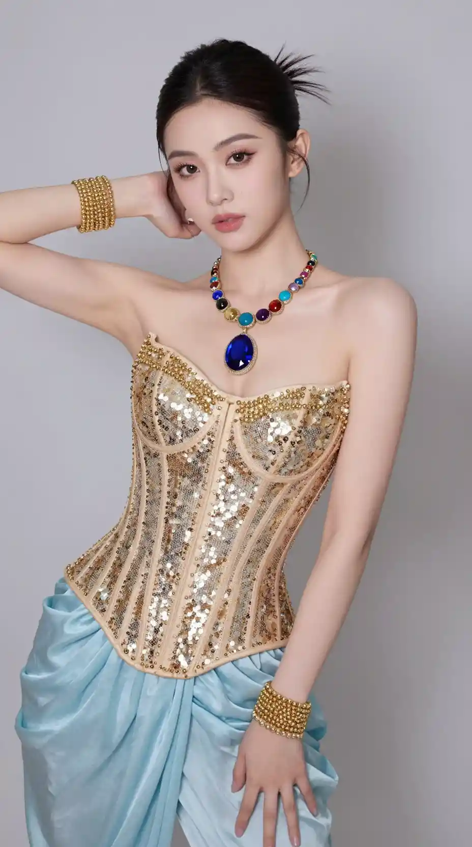 Playful girl in gold corset and blue draped pants