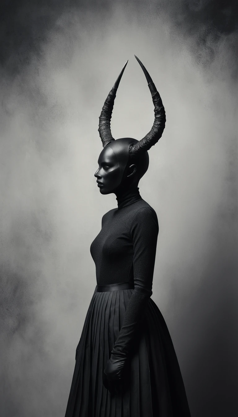 Surreal masked figure with branching horns and black bird