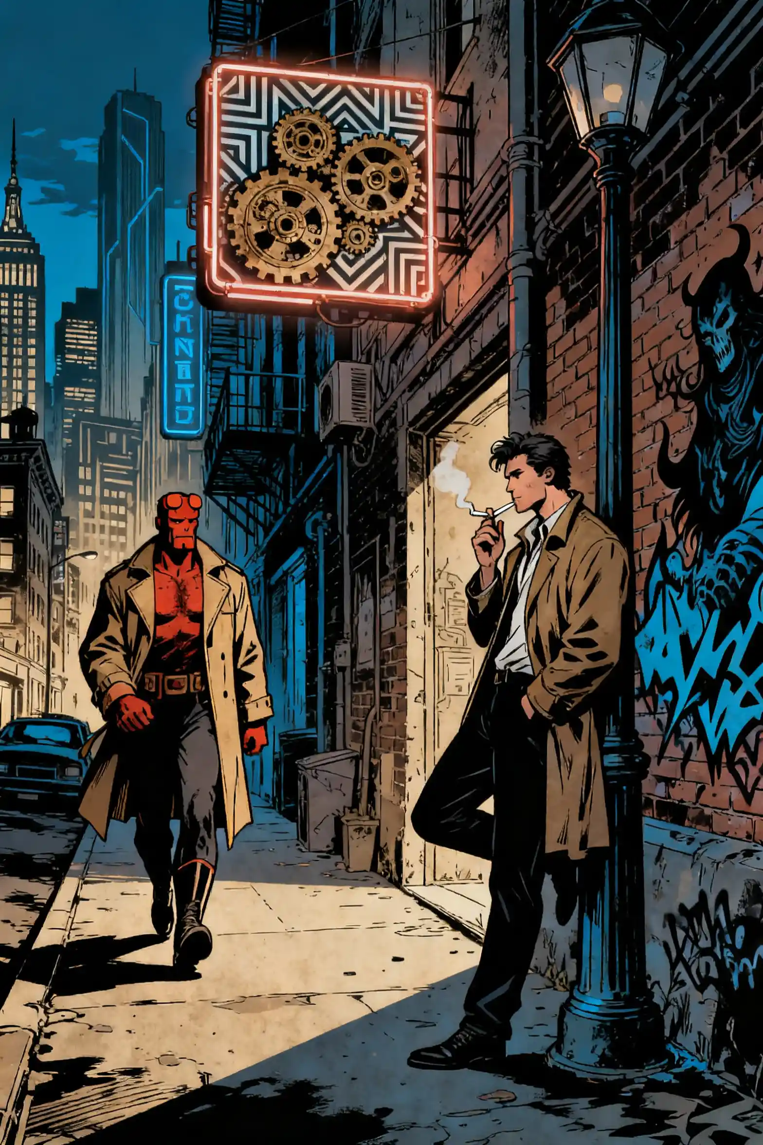 Dark moody comic view of a new york city street