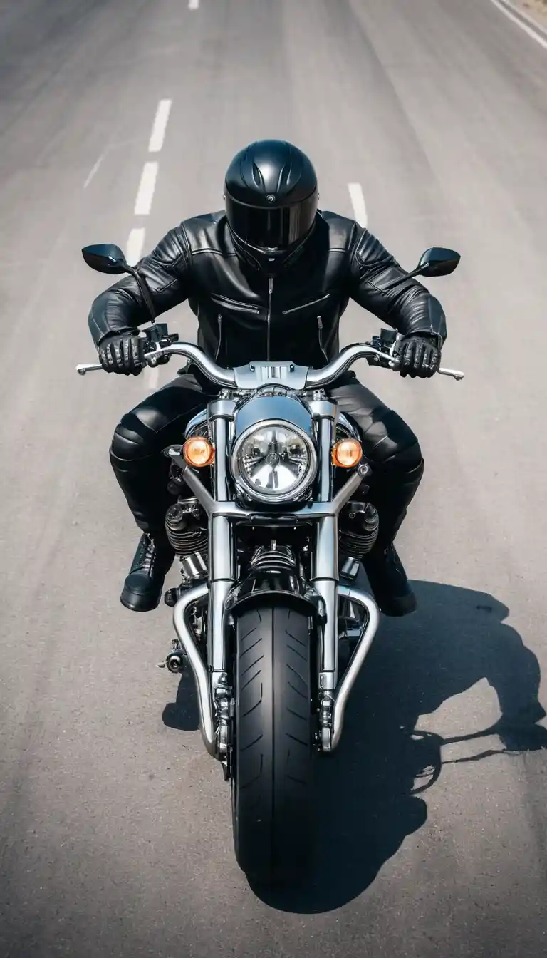 Motocicleta personalizada futurista con piloto en potente vista cenital