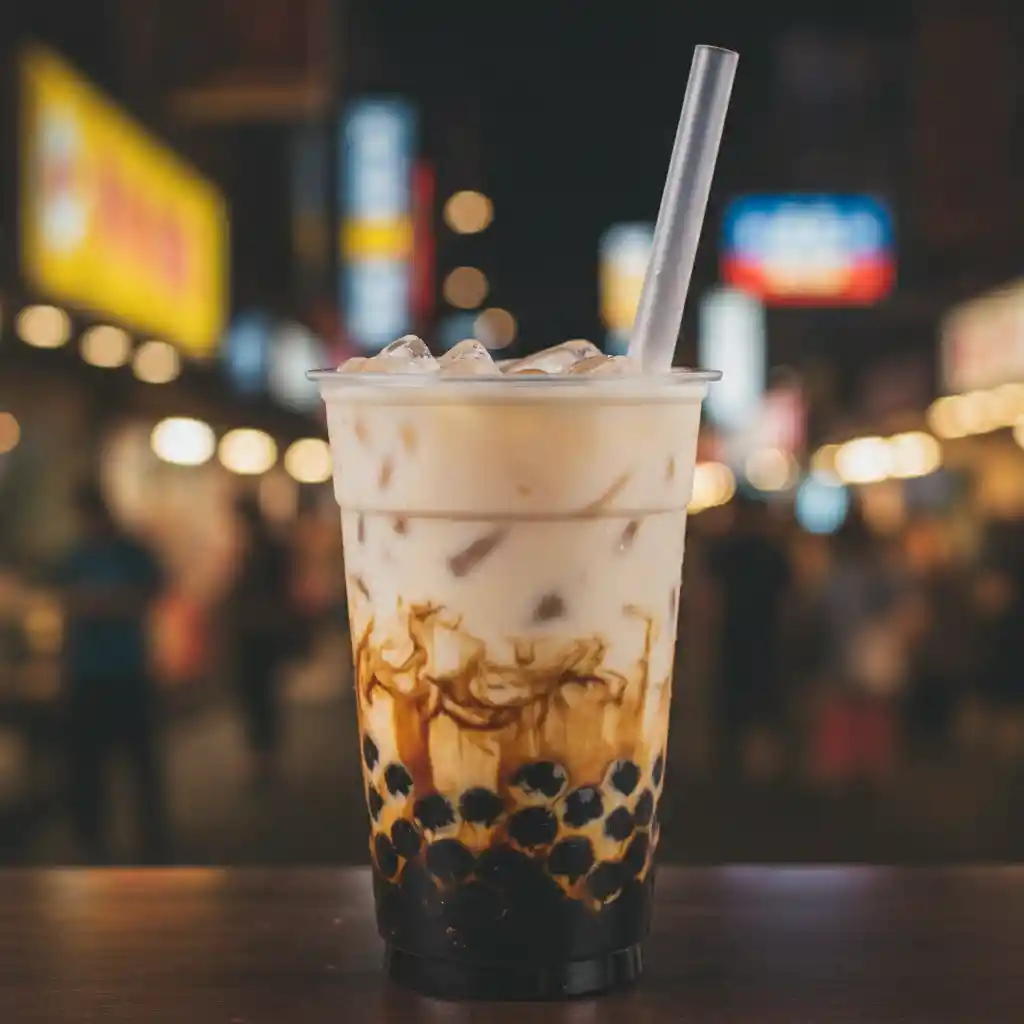 Close up bubble tea with brown sugar pearls at night
