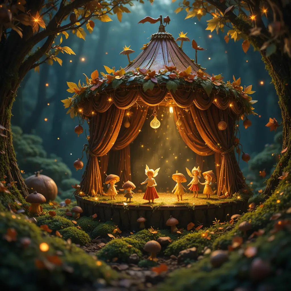 Whimsical forest sprites performing in a tiny hidden circus