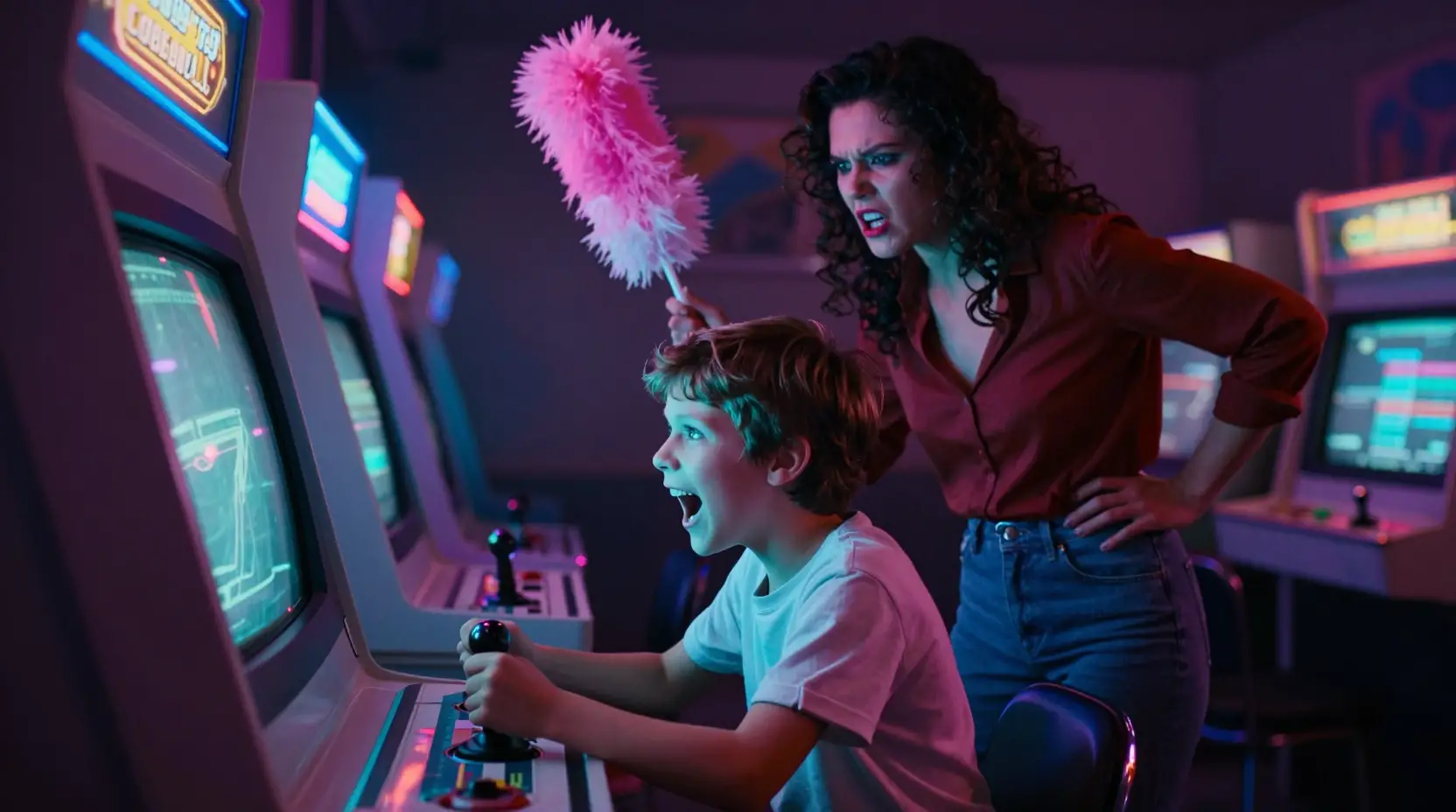 Boy glued to neon arcade as angry mom looms behind