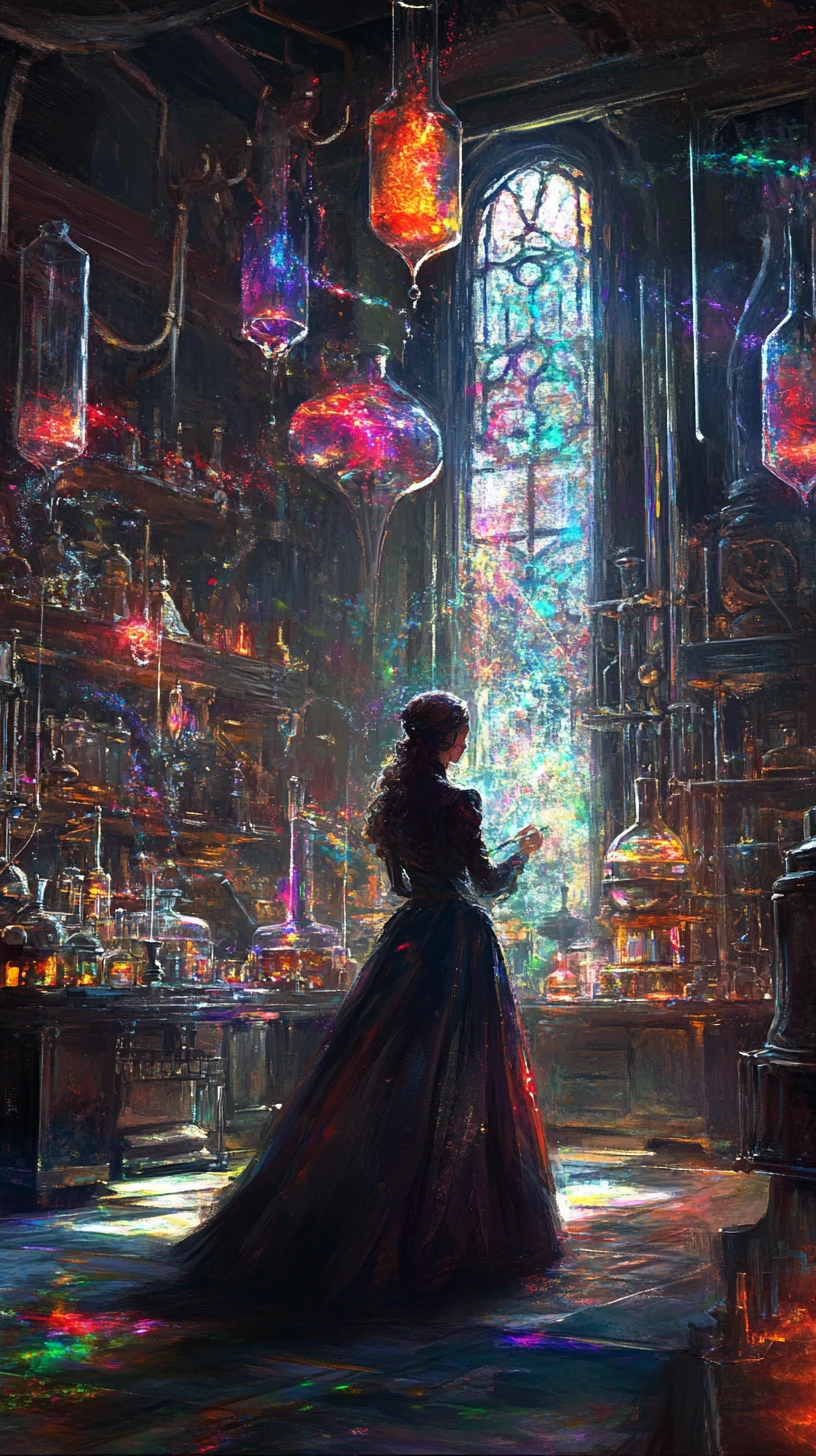 Mística alquimista en un gran laboratorio de colores arremolinados