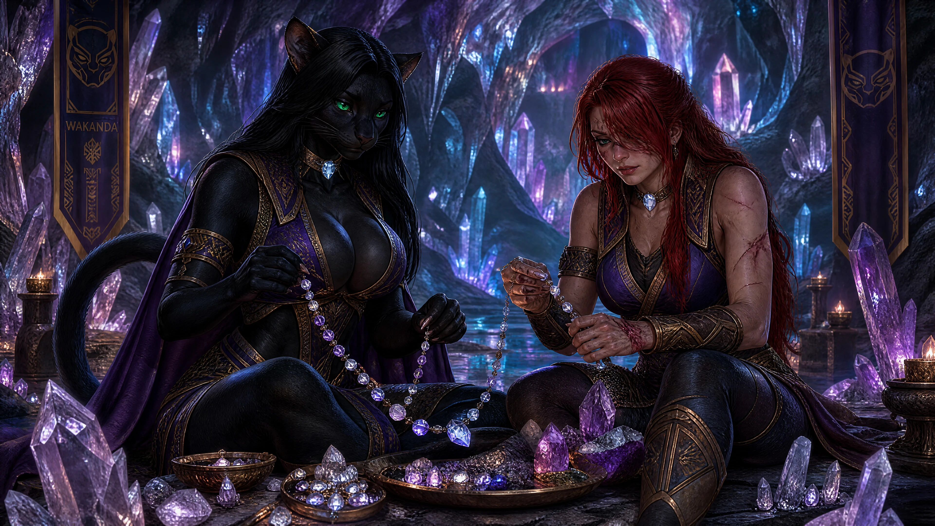 Two warrior queens crafting a crystal necklace together