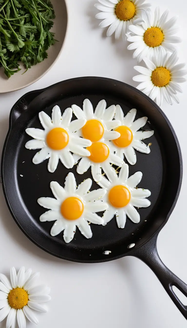 Daisy shaped fried egg in pan with scattered daisies