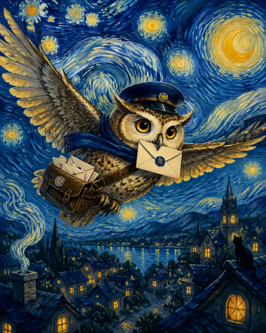 Owl postman flying across a swirling starry night sky