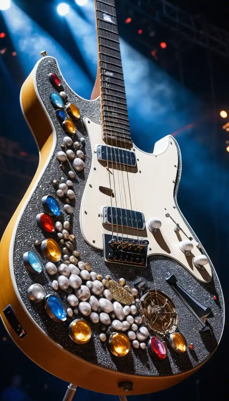 Vista macro de un microcosmos de concierto de rock dentro de una guitarra