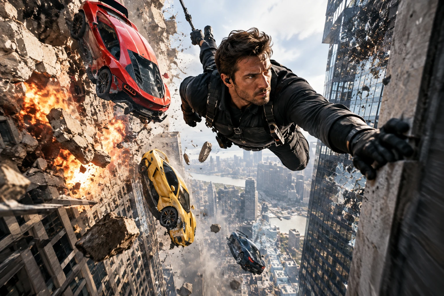 Action hero spy dodging collapsing buildings and falling supercars