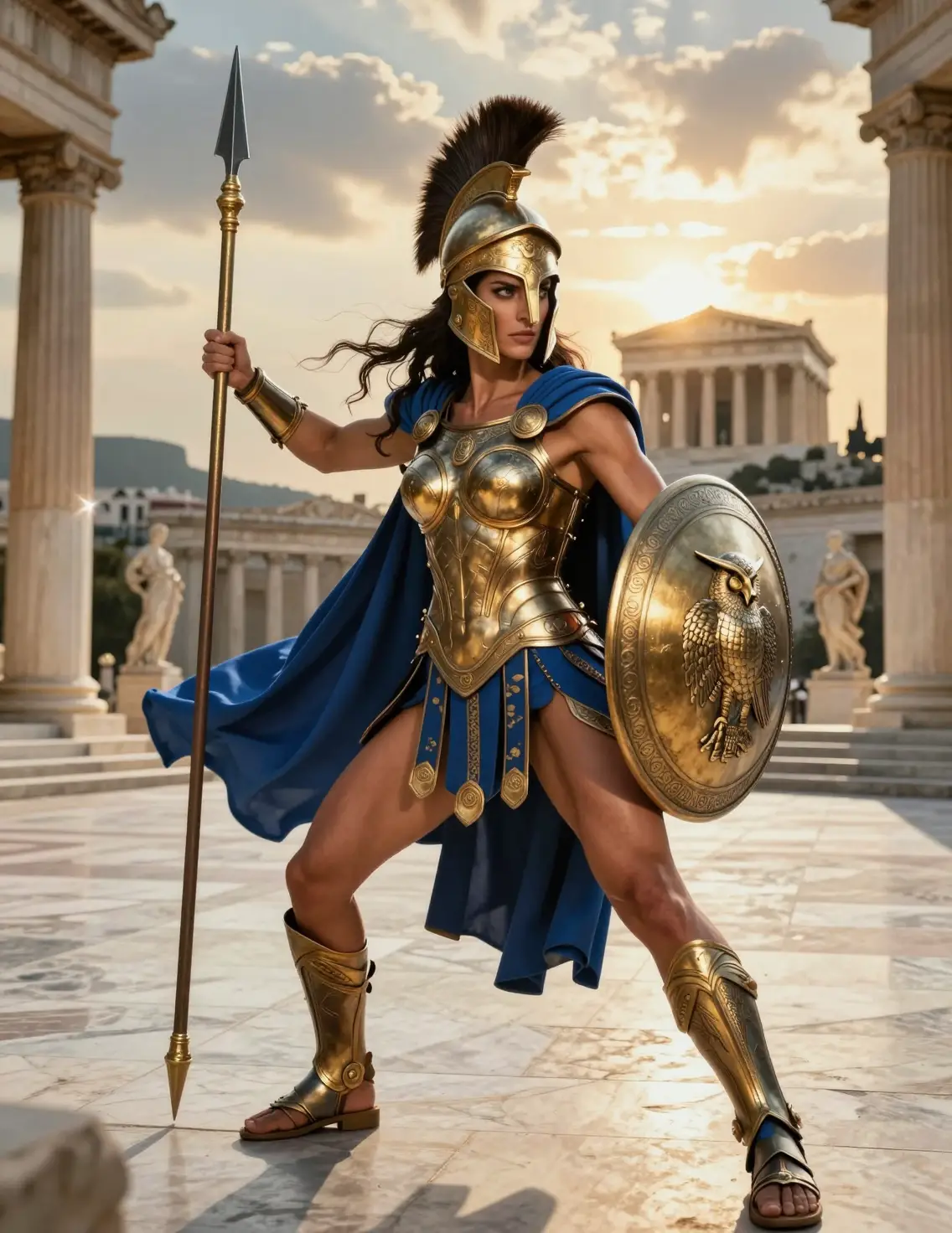 Greek warrior woman in armor with spear at sunset