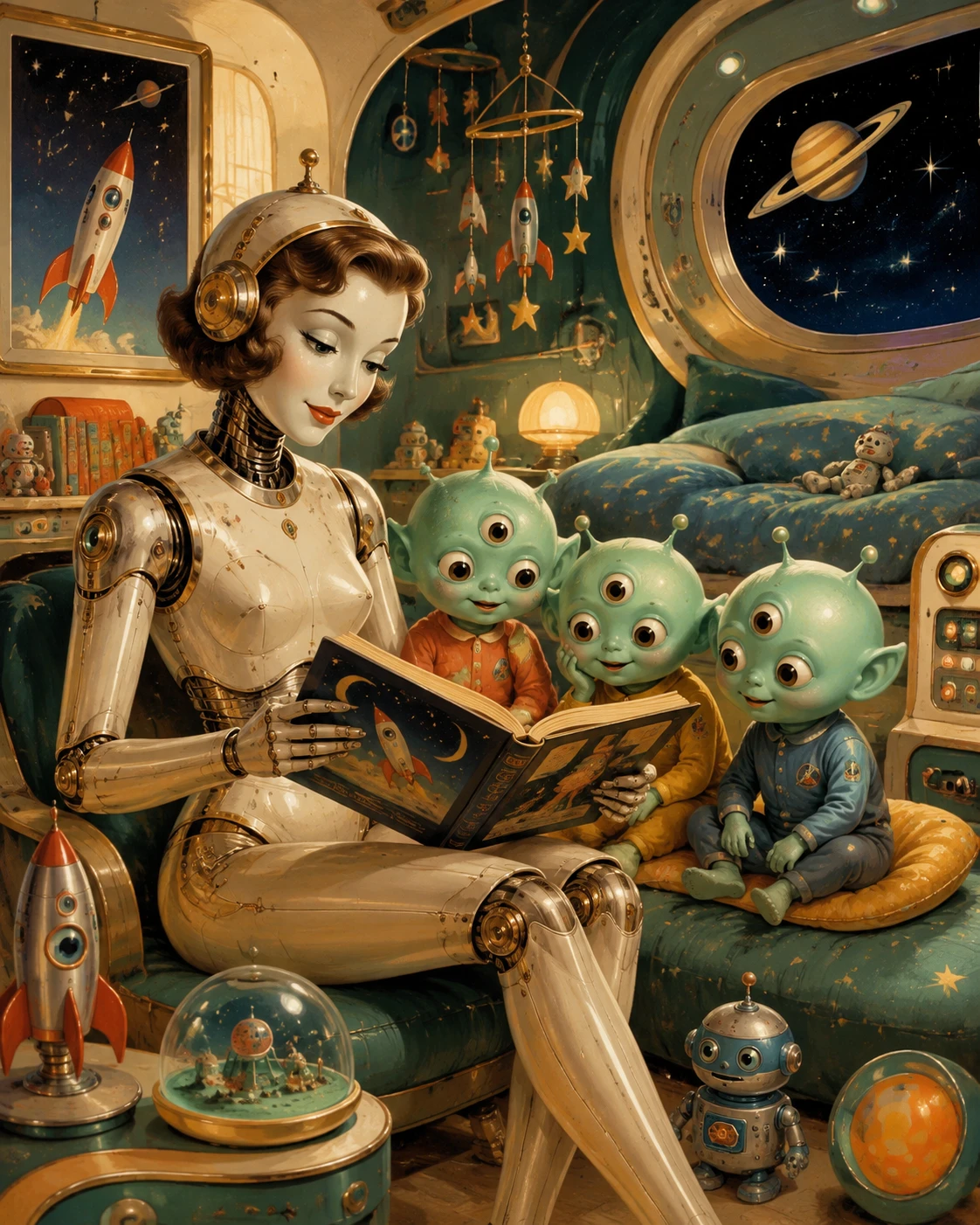 Robot nanny reading to alien children in a cozy spaceship nursery