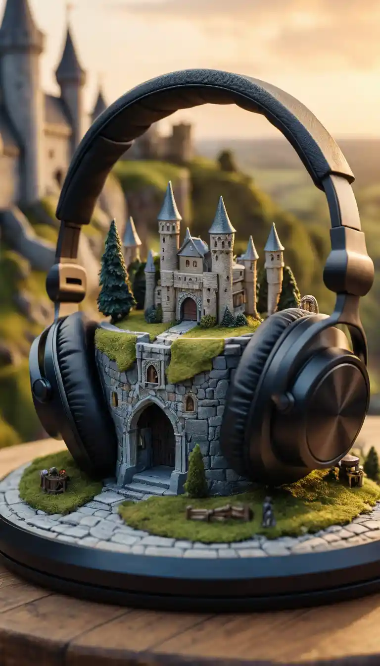 Auriculares en macro sosteniendo una diminuta aldea medieval al atardecer
