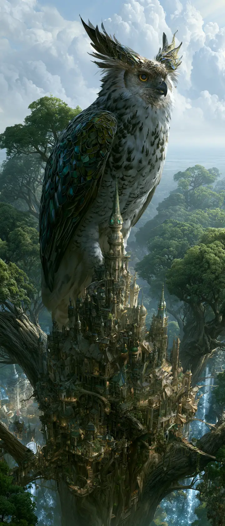 Majestic griffin on the highest spire of a tree city