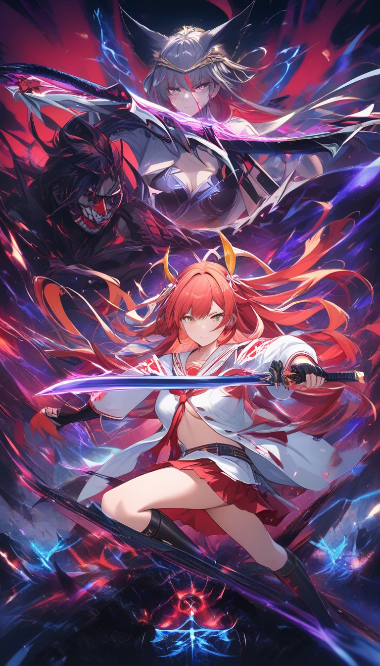 Anime schoolgirl samurai attacking demons in a dark realm