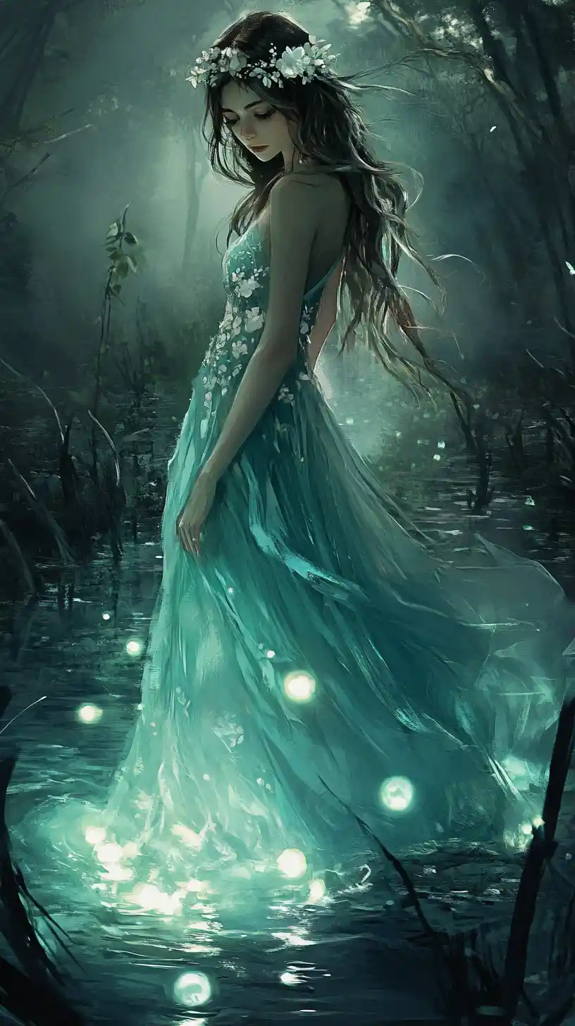 Mystical woman in teal dress standing in moonlit swamp