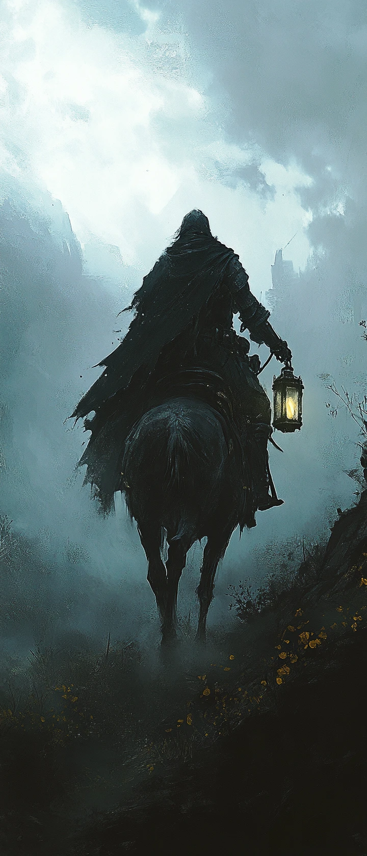 Chevalier sur destrier spectral à travers des ruines gothiques embrumées