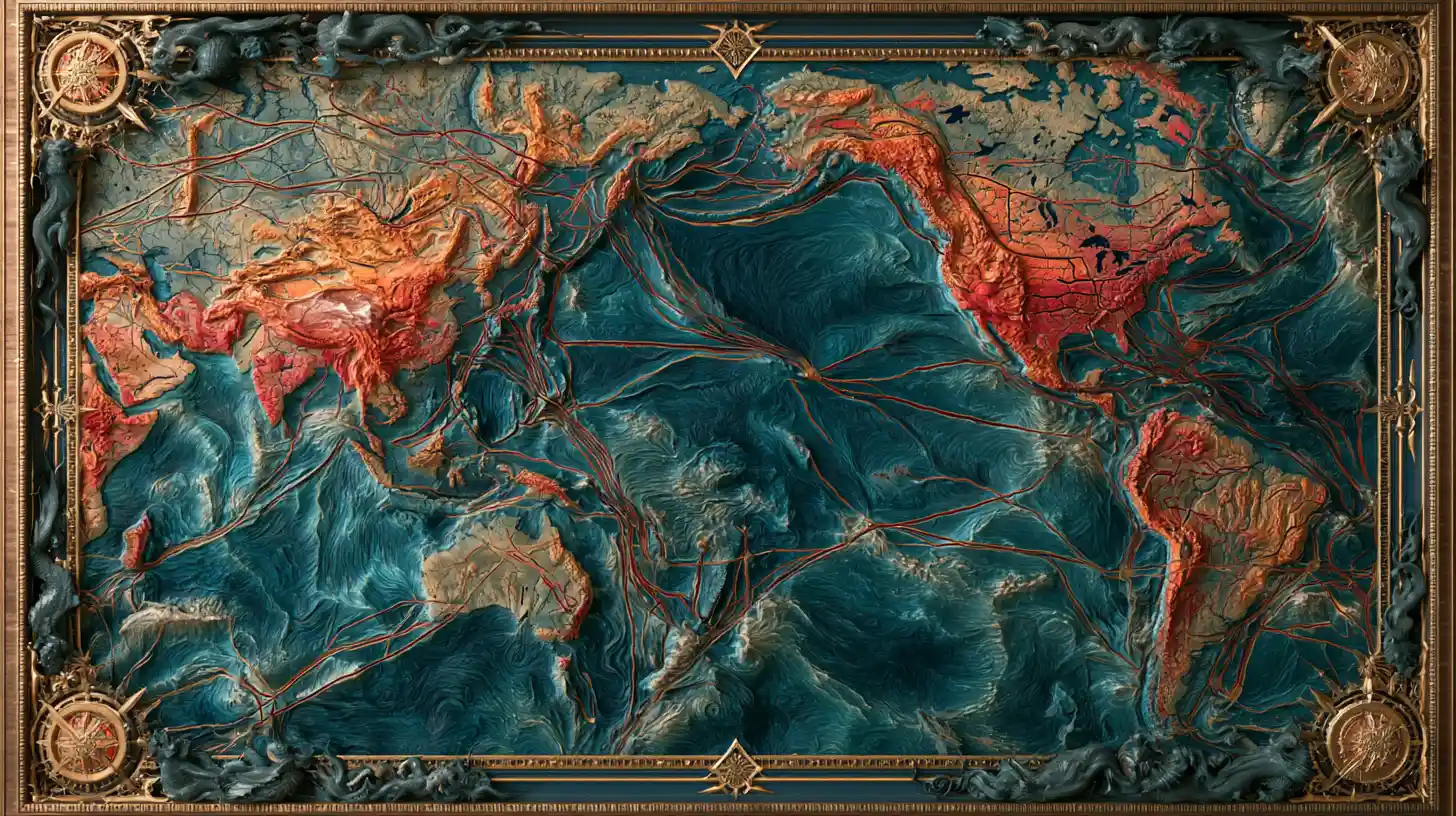 Colorful 3D nautical chart of ancient Pacific shipping lanes