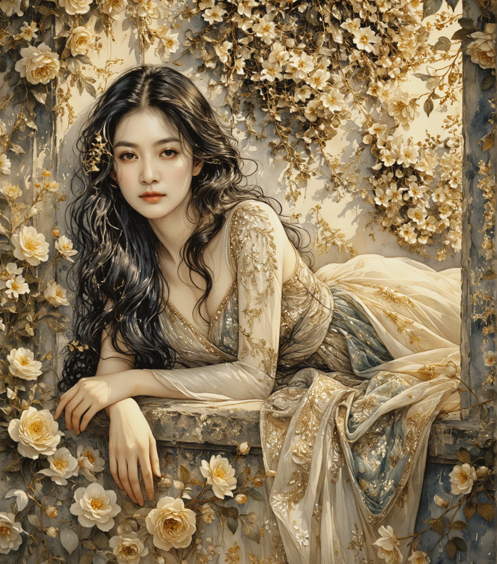 Elegant girl leaning from a flower covered wall illustration