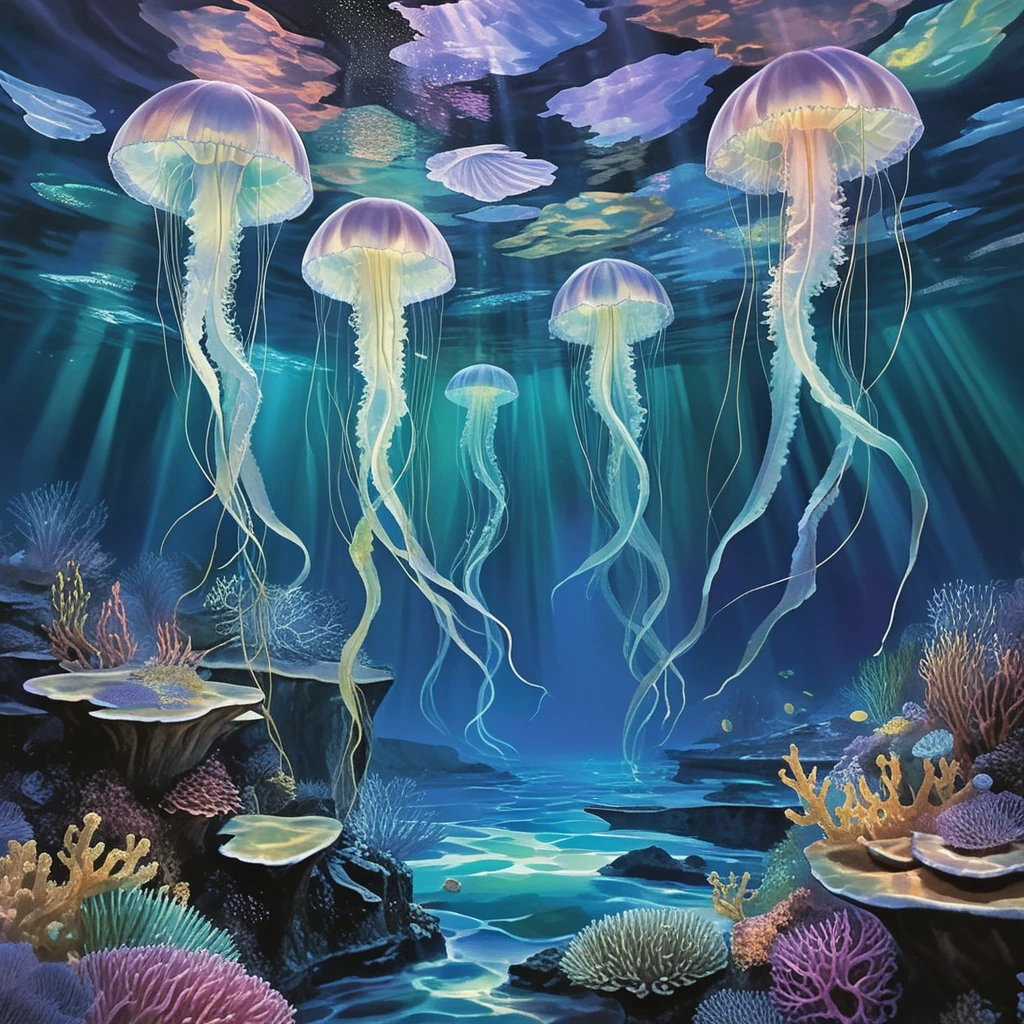 Aquatic auroras illuminating glowing marine life underwater