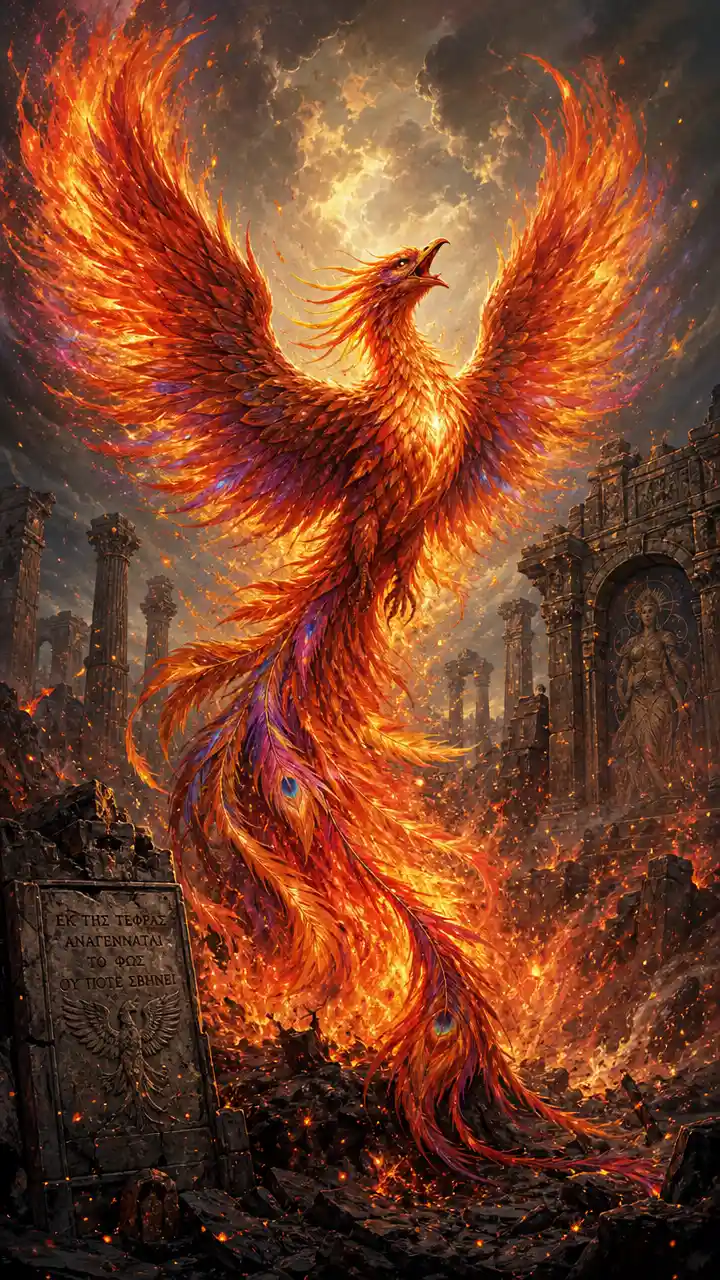 Majestic phoenix reborn in flames above ancient ruins