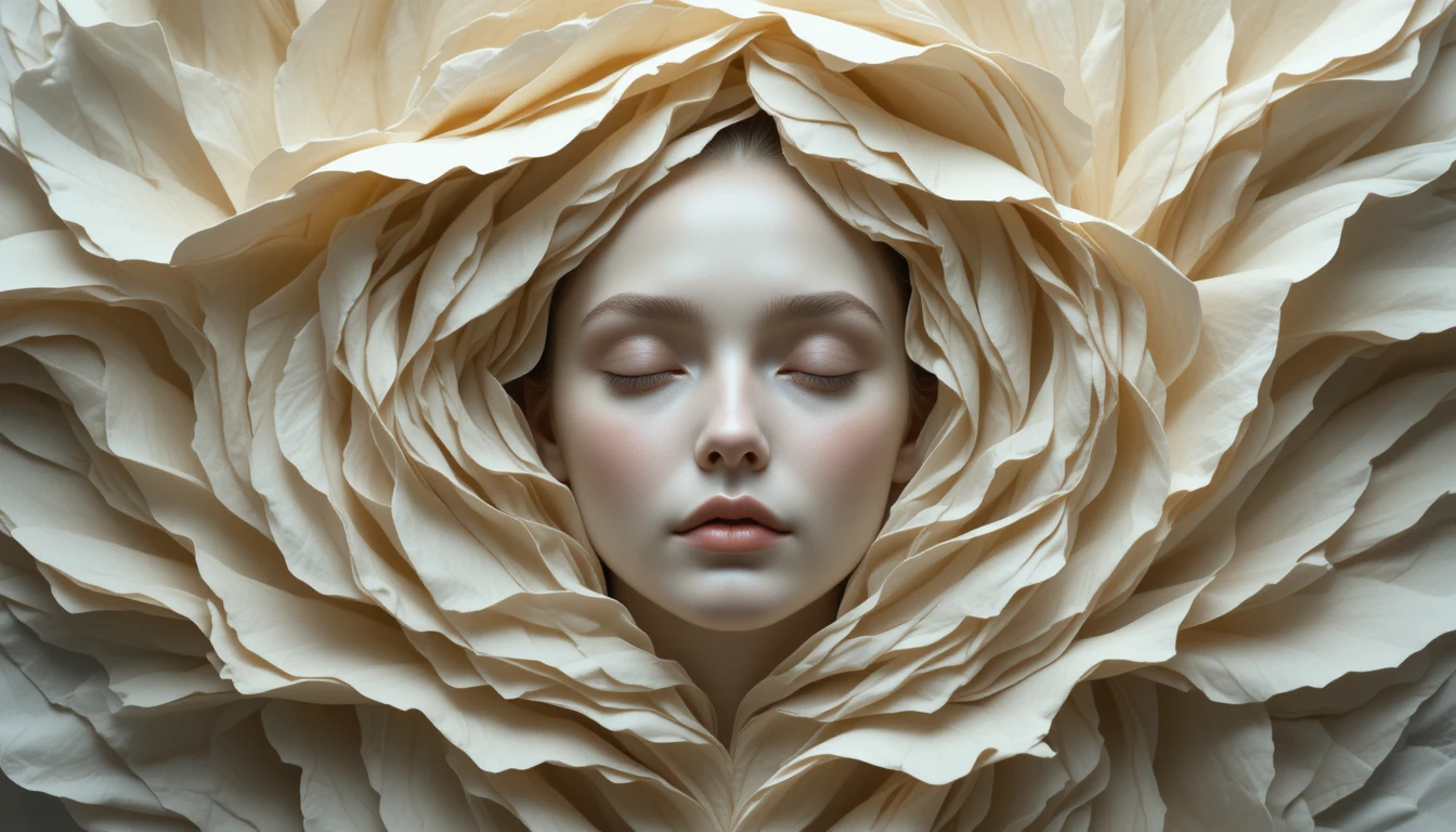 Rostro femenino etéreo entre pliegues esculpidos de papel color crema
